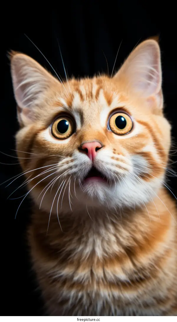 A ginger cat looking up with wide open eyes and mouth