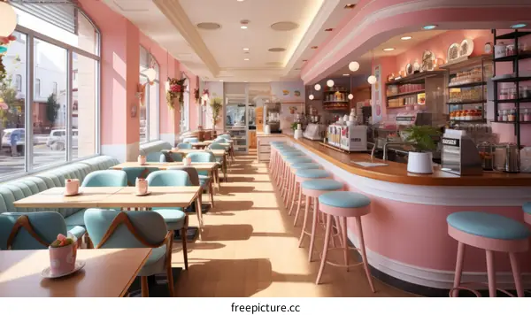 Retro Diner Interior with Pink and Blue Color Scheme