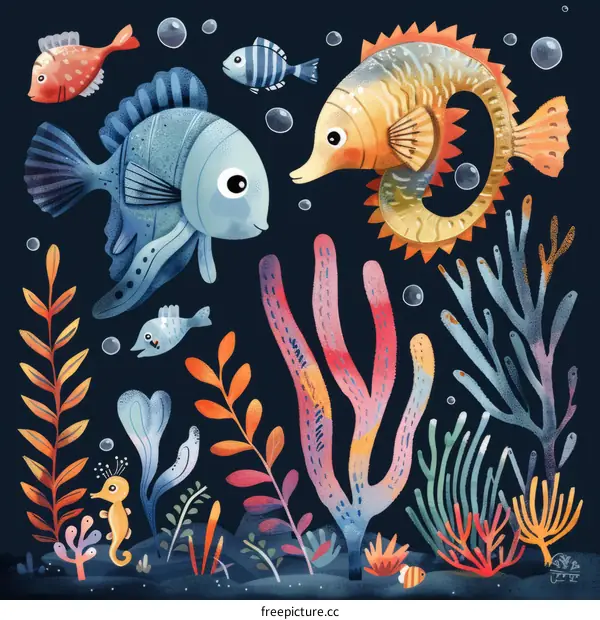 Underwater world with cute cartoon fishes and sea plants