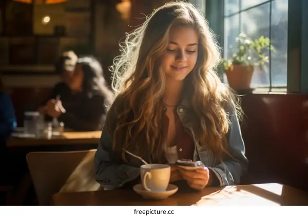 Young woman smiling while looking at her phone in a coffee shop