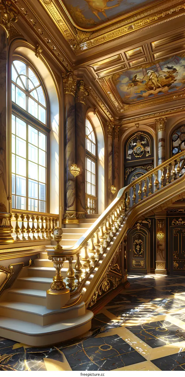 Golden Staircase in a Luxurious Mansion