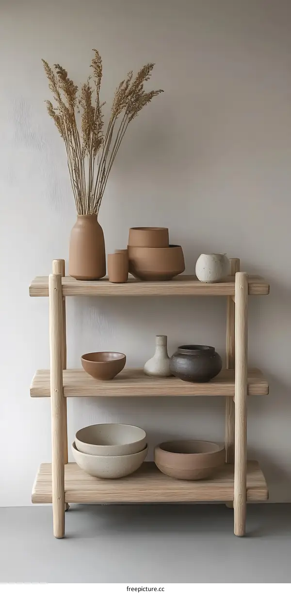 Wooden Shelf With Ceramic Bowls and Dried Grass