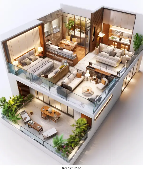 3D rendering of a two-story apartment interior design