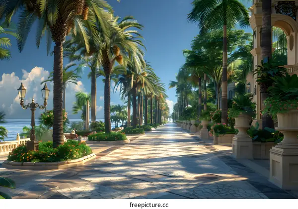 Palm trees line a wide promenade with a marble floor and ornate lamp posts.