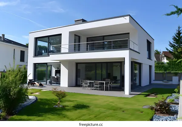 Modern White House with Large Windows and Garden