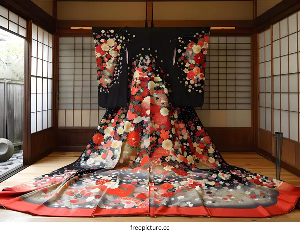 A beautiful black kimono with red and yellow floral patterns