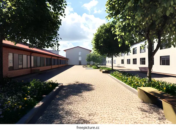 Modern School Building Architecture Design With Green Trees