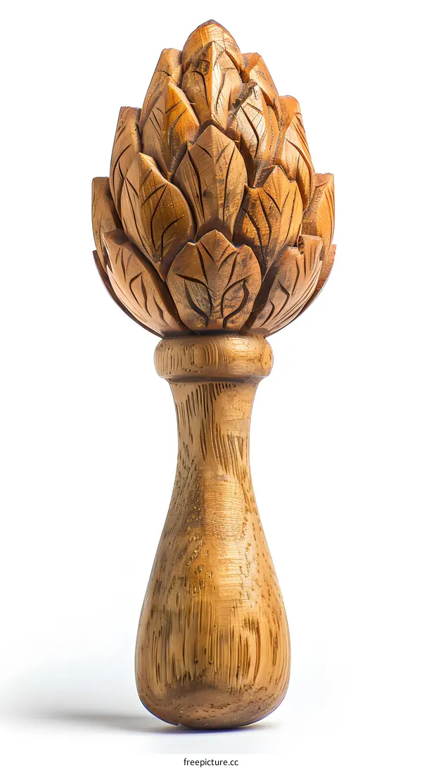 A wooden sculpture of an artichoke