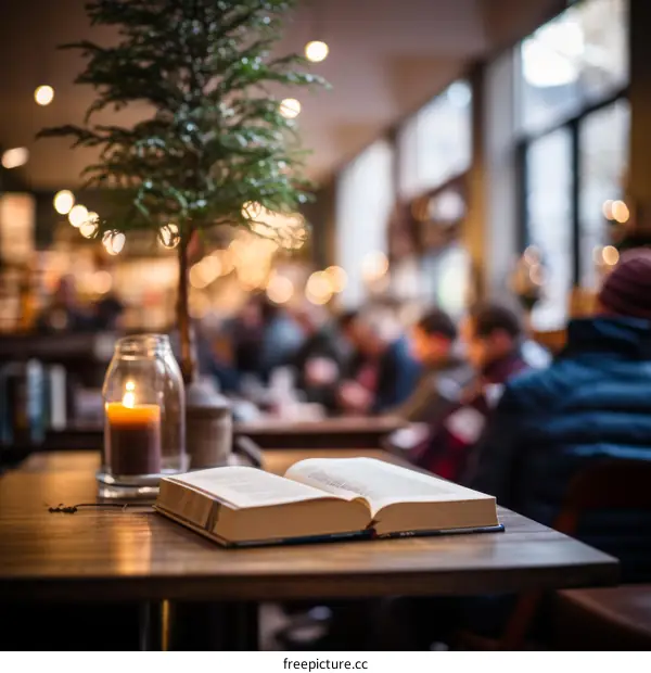 An open book and a candle on a wooden table in a cafe with blurred background of people sitting and talking