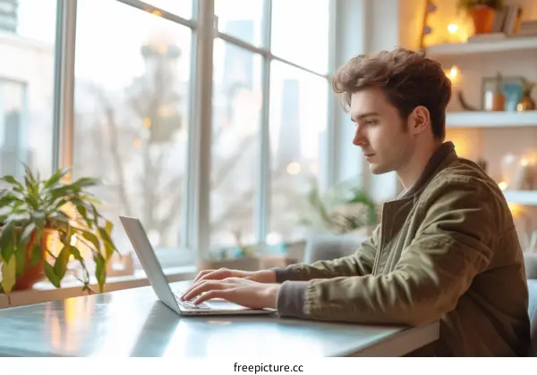 Young male student using laptop in cafe
