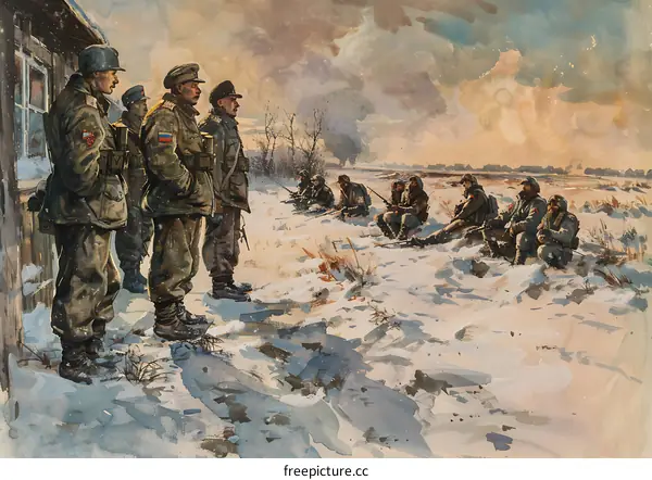 A group of soldiers in winter camouflage uniforms are standing and sitting in a snowy field.