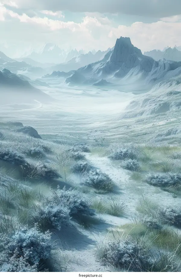 Vast tundra landscape with snow-covered mountains in the distance