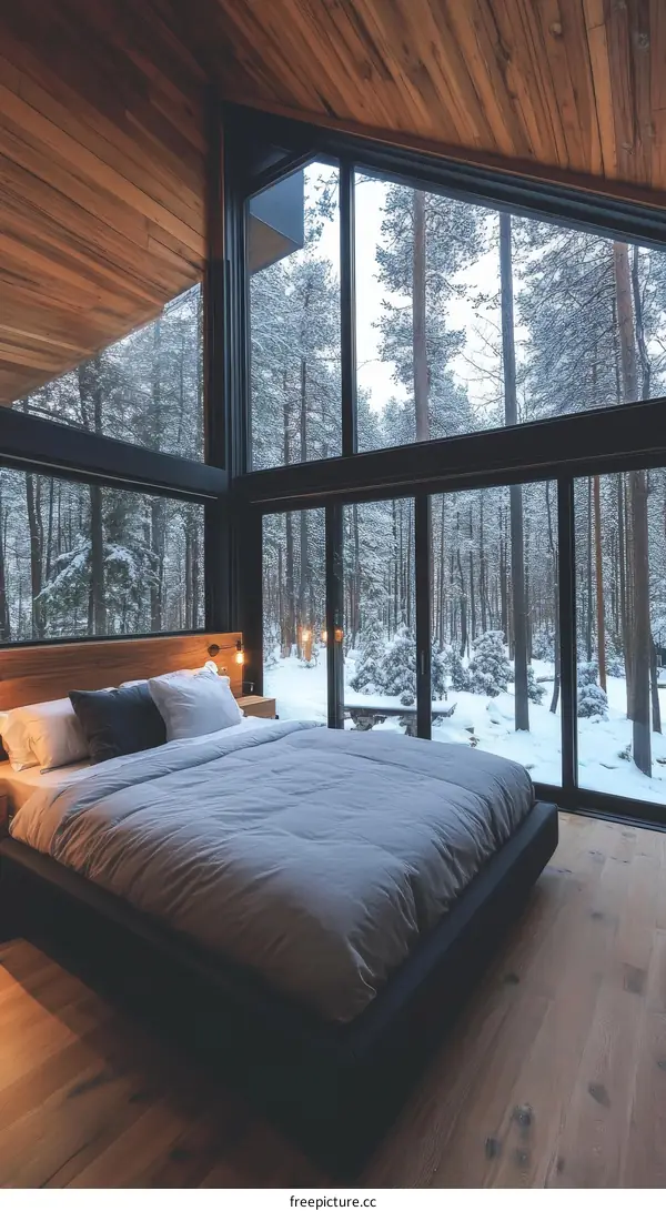 Winter Cabin Bedroom with Snowy Forest View