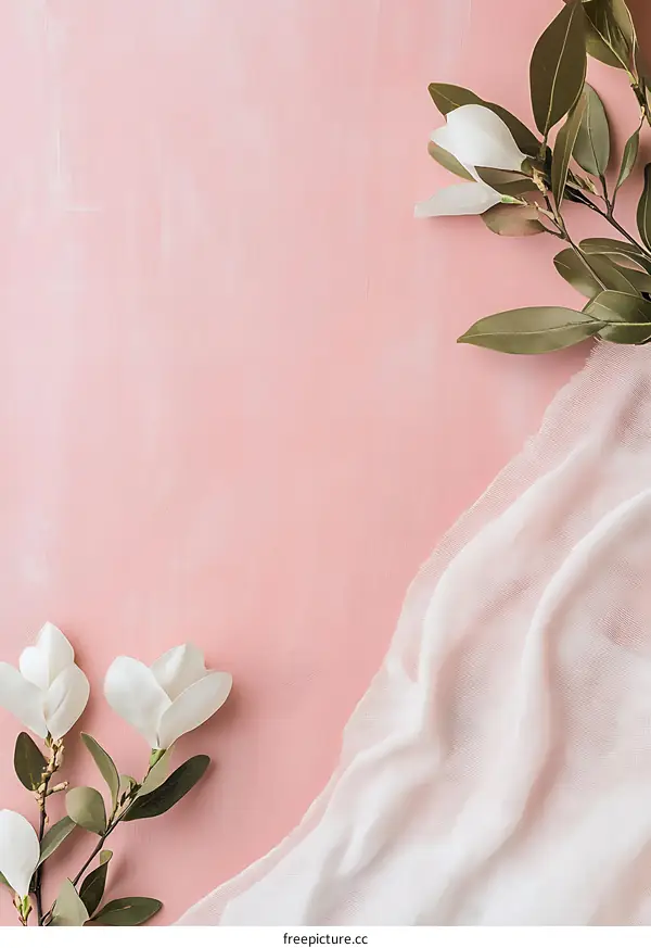 White Flowers and Fabric on Pink Background