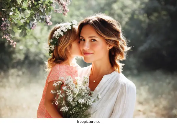 Mother and Daughter Embrace Outdoors with Flowers