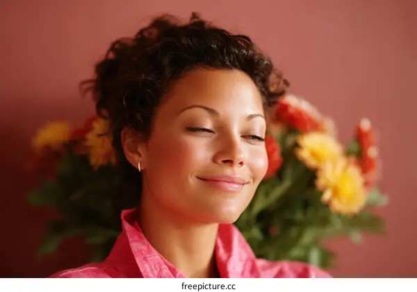 A Woman with Curly Hair Smiling in Front of Flowers