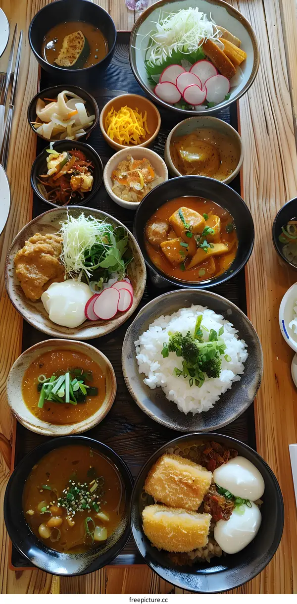Japanese Curry Rice and Sides on a Wooden Table