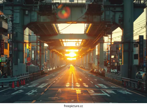 Sunset Bridge Over Empty City Street