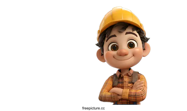 [Transparent Background PNG]A 3D illustration of a smiling boy wearing a yellow hard hat.