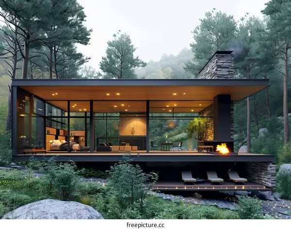 Modern House Exterior Design with Large Glass Windows and Wooden Interior