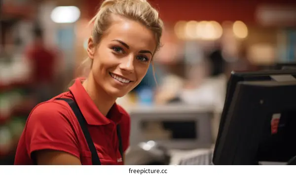 Portrait of a young female cashier at a grocery store