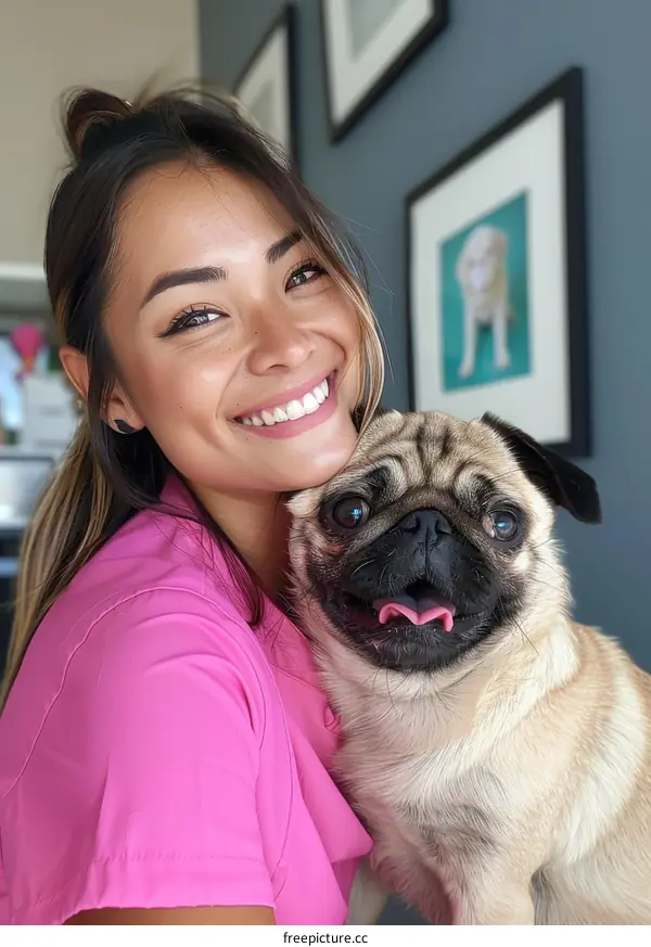 pug smiling with a happy veterinarian