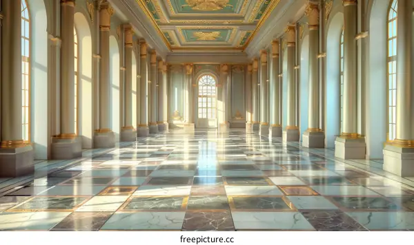 Opulent Hall with Marble Floor and Arched Windows