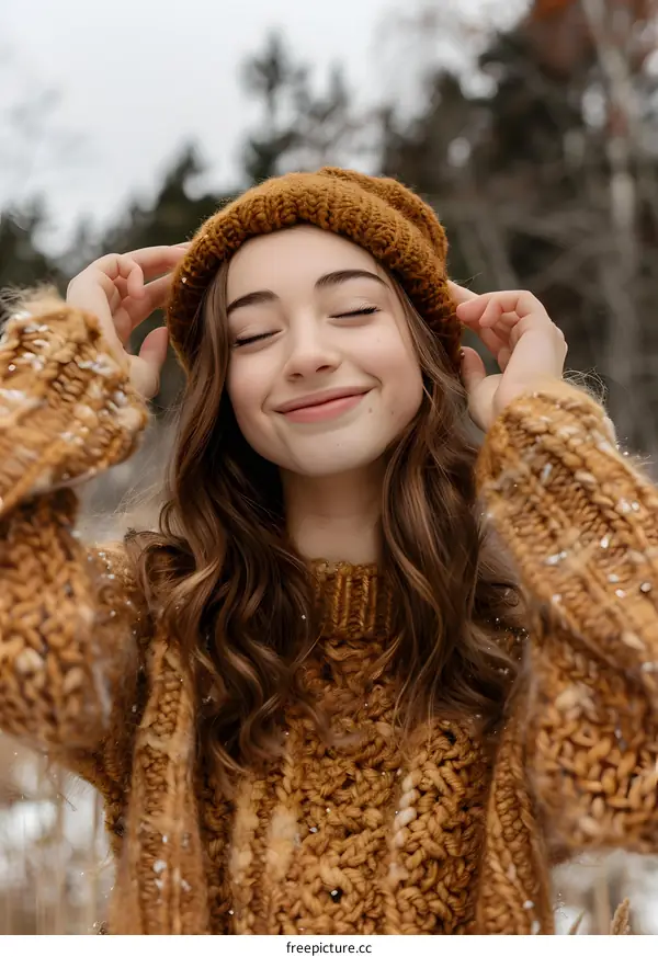 Smiling Woman Wearing Knitted Sweater and Hat in Winter