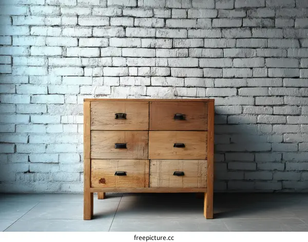 Vintage Wooden Chest of Drawers against White Brick Wall