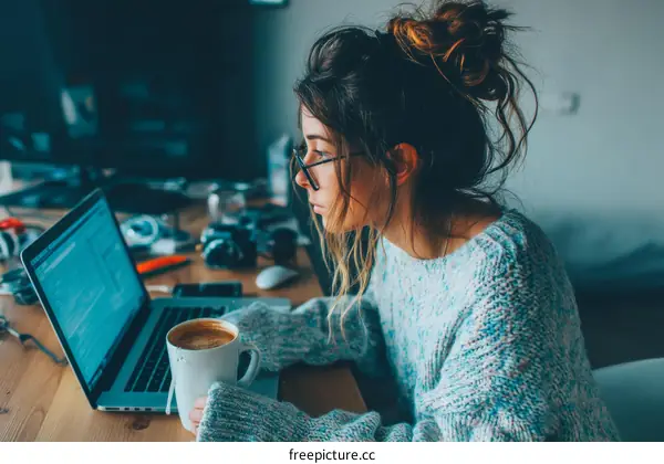 Woman Working on Laptop at Home