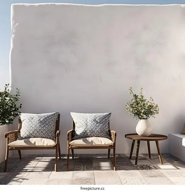 Minimalist Patio Design with White Wall and Two Chairs