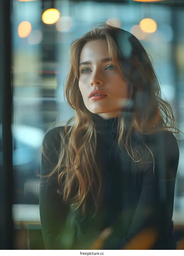 portrait of a beautiful young woman with long blond hair looking away pensively