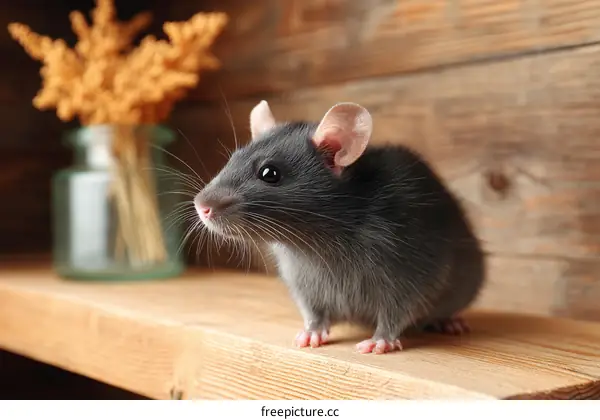 Cute Gray Rat on Wooden Shelf