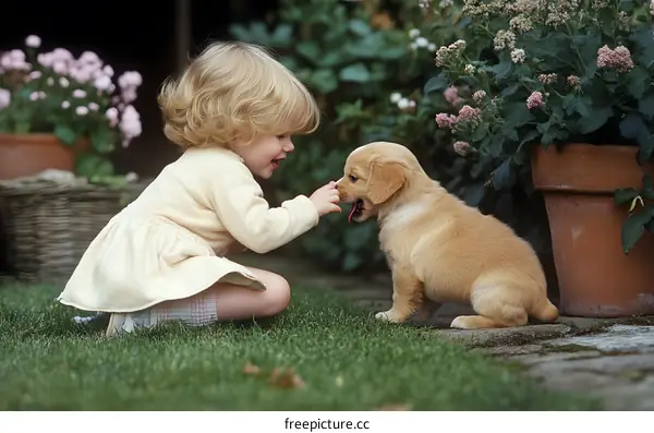 Little Girl Playing With Puppy in Garden