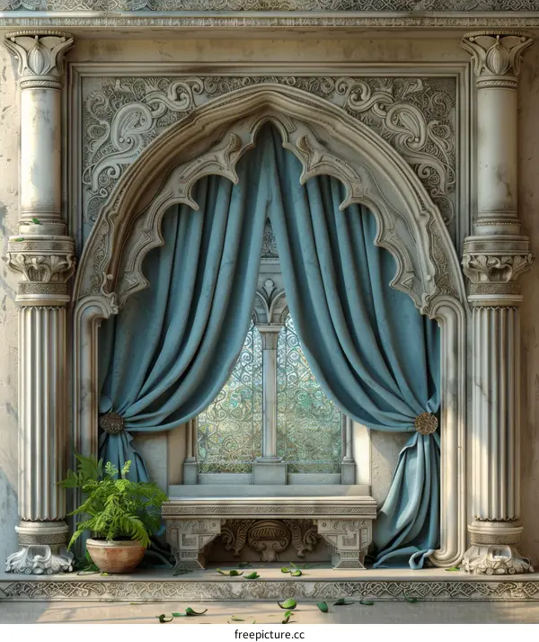 Elegant Stone Window with Light Blue Drapes