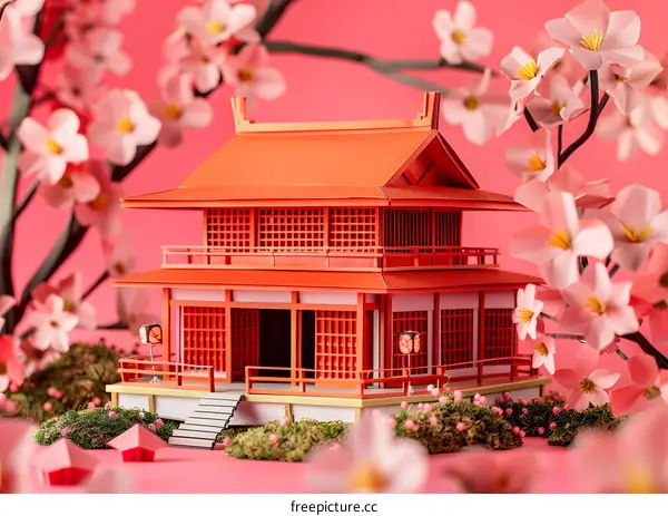 A paper model of a traditional Japanese house with pink cherry blossoms
