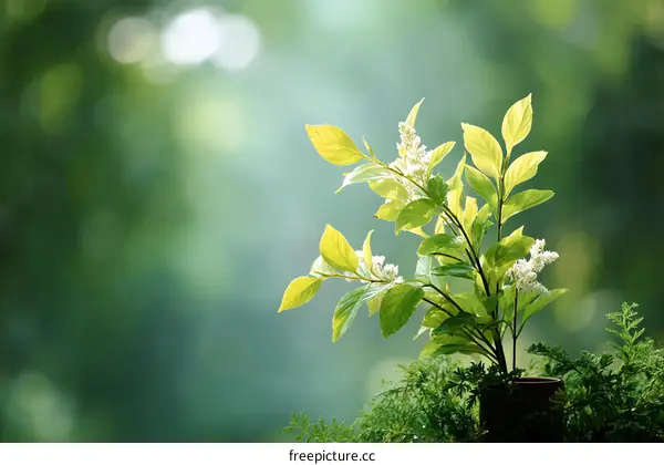 Nature Scene with Fresh Green Leaves and Tiny Flowers