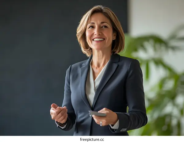 Smiling Businesswoman in Suit Speaking at Meeting
