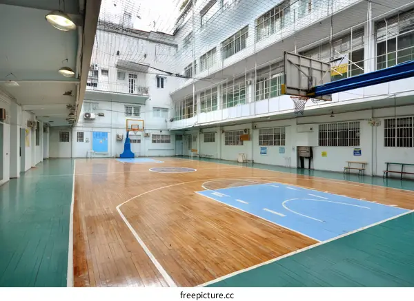 Empty Basketball Court in a School Gym