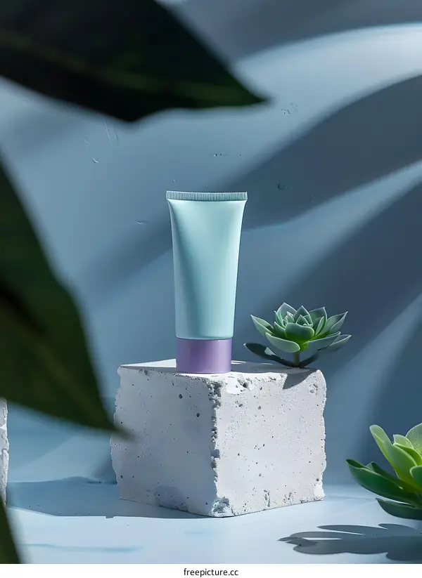 Close-up of a blue tube of face cream on a concrete podium next to a green plant against a blue background with shadows from tropical leaves