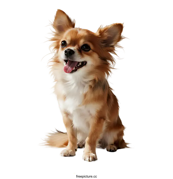 [Transparent Background PNG]A small fluffy Chihuahua dog sitting and looking happy