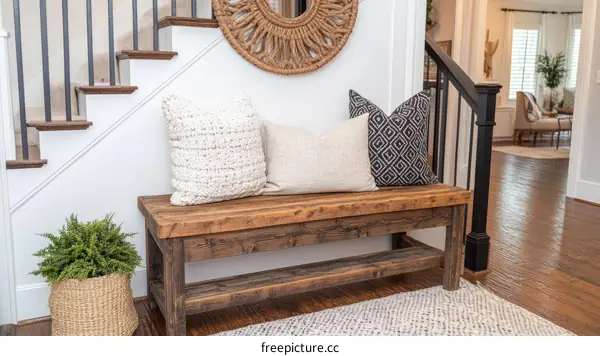 Rustic Wooden Entryway Bench with Decorative Pillows