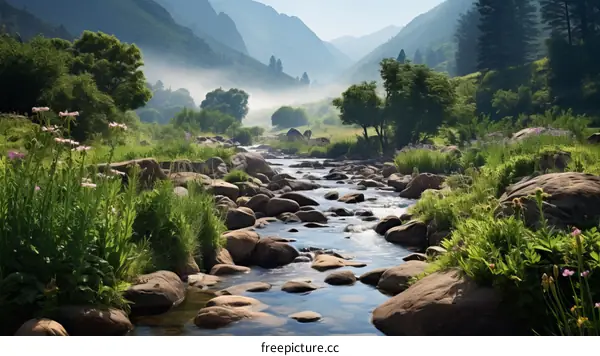 A river flowing through a valley with green grass and trees on the banks and large rocks in the river