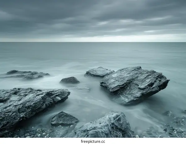 Black and white photo of large rocks in the ocean with a gray sky