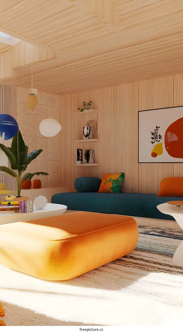 Modern Living Room Interior Design With Wooden Walls and Orange Cushions