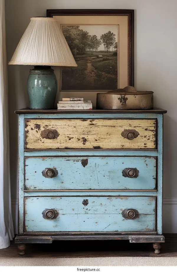 Vintage Painted Chest of Drawers with Lamp and Picture