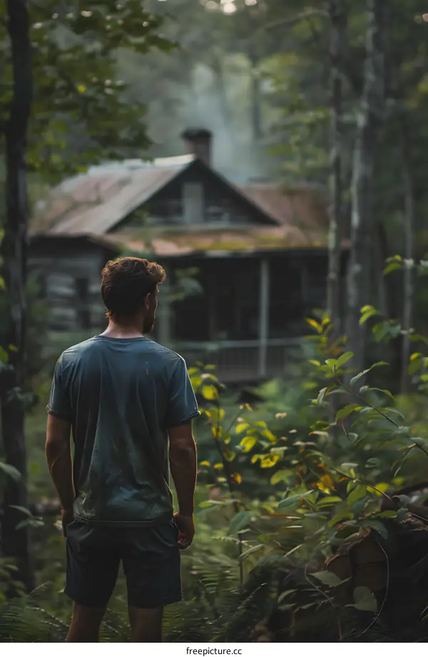 Man looking at an old abandoned house in the middle of a forest