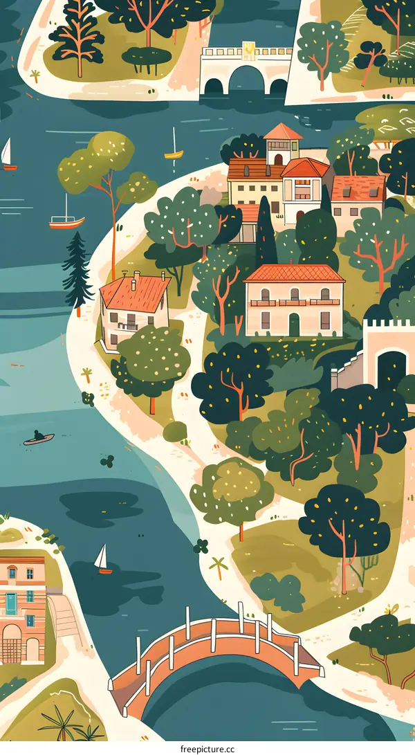 Illustrated Map of a Town with a River and Bridge