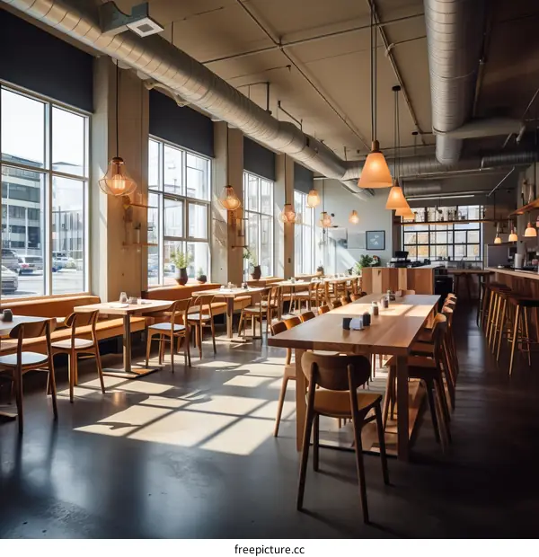 An empty restaurant with large windows and wooden furniture