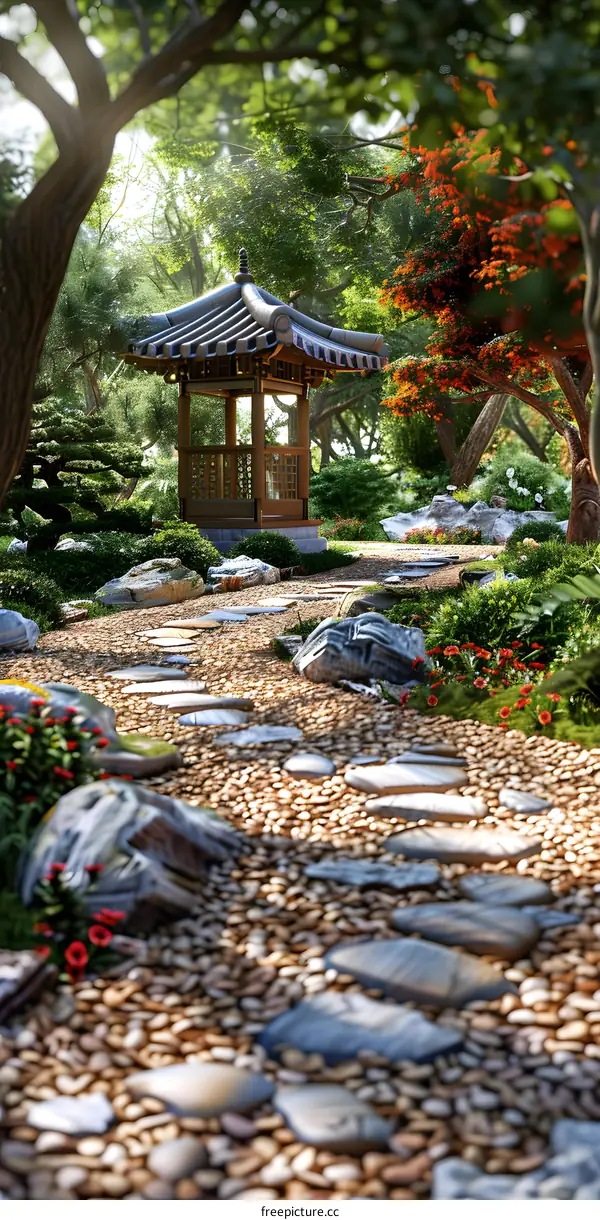 Pebbled path through a tranquil oriental garden